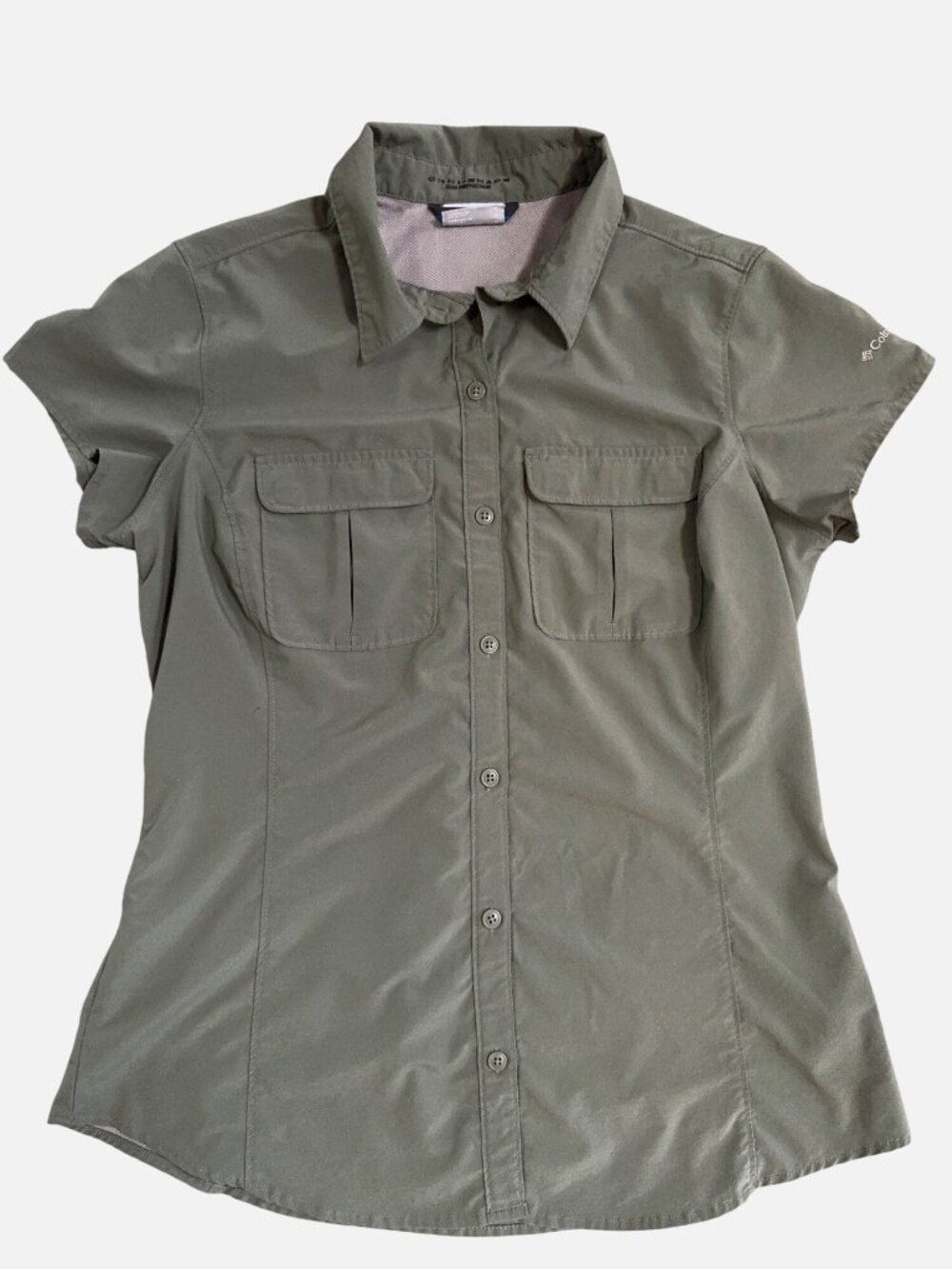 Columbia Omni Shade Shirt Green Short Sleeve Pockets Vented Hiking Stretch Sz M